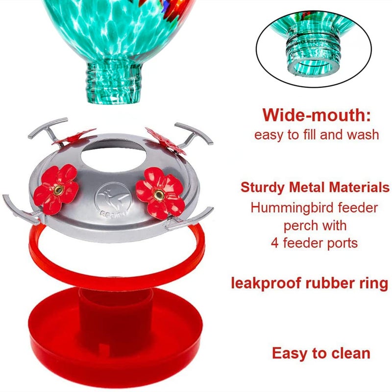REZIPO Hummingbird Feeder with Perch - Hand Blown Glass - 38 Fluid Ounces Hummingbird Nectar Capacity Include Hanging Wires and Moat Hook (Red-Green) - Image 5